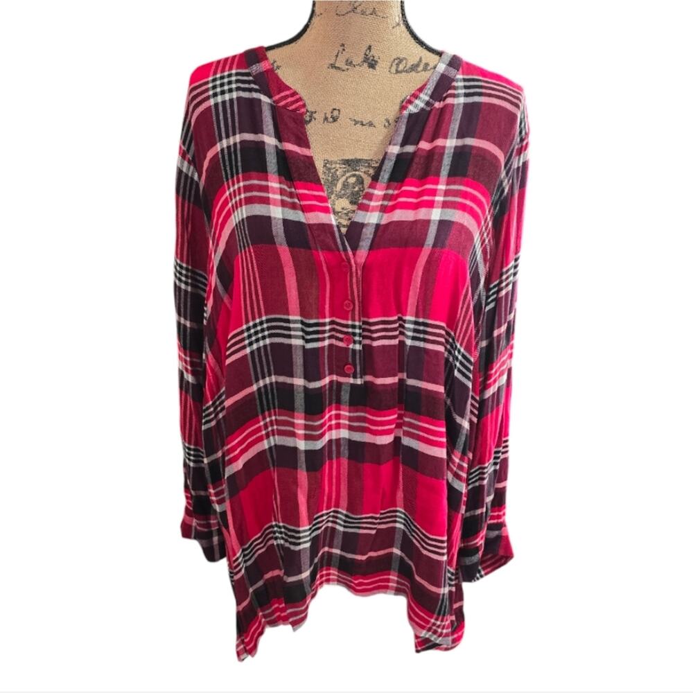 Lane Bryant Red Plaid Long Sleeve Peplum Hi Low Tunic Plus Size 22‎ 24 3X